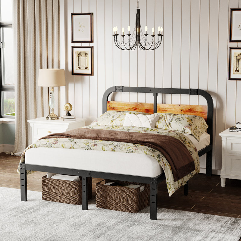 Williston Forge Ashwyn Wood and Black Metal Bed Frames with Headboard Reviews Wayfair